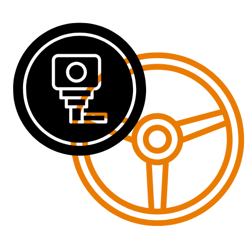 Modernes Icon mit Lenkrad und Zündschloss als Symbol für sicheren Start bei der Fahrschule Wichmann in der Wesermarsch.