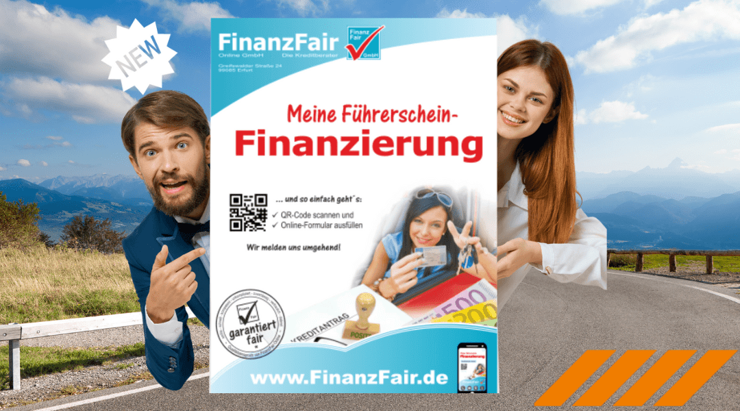 Plakat zur Führerschein-Finanzierung an Landstraße bei Rastede von junger Frau und Mann gehalten