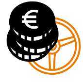 Münzen mit Eurozeichen vor orangem Lenkrad als Symbol für faire Preise in Rastede