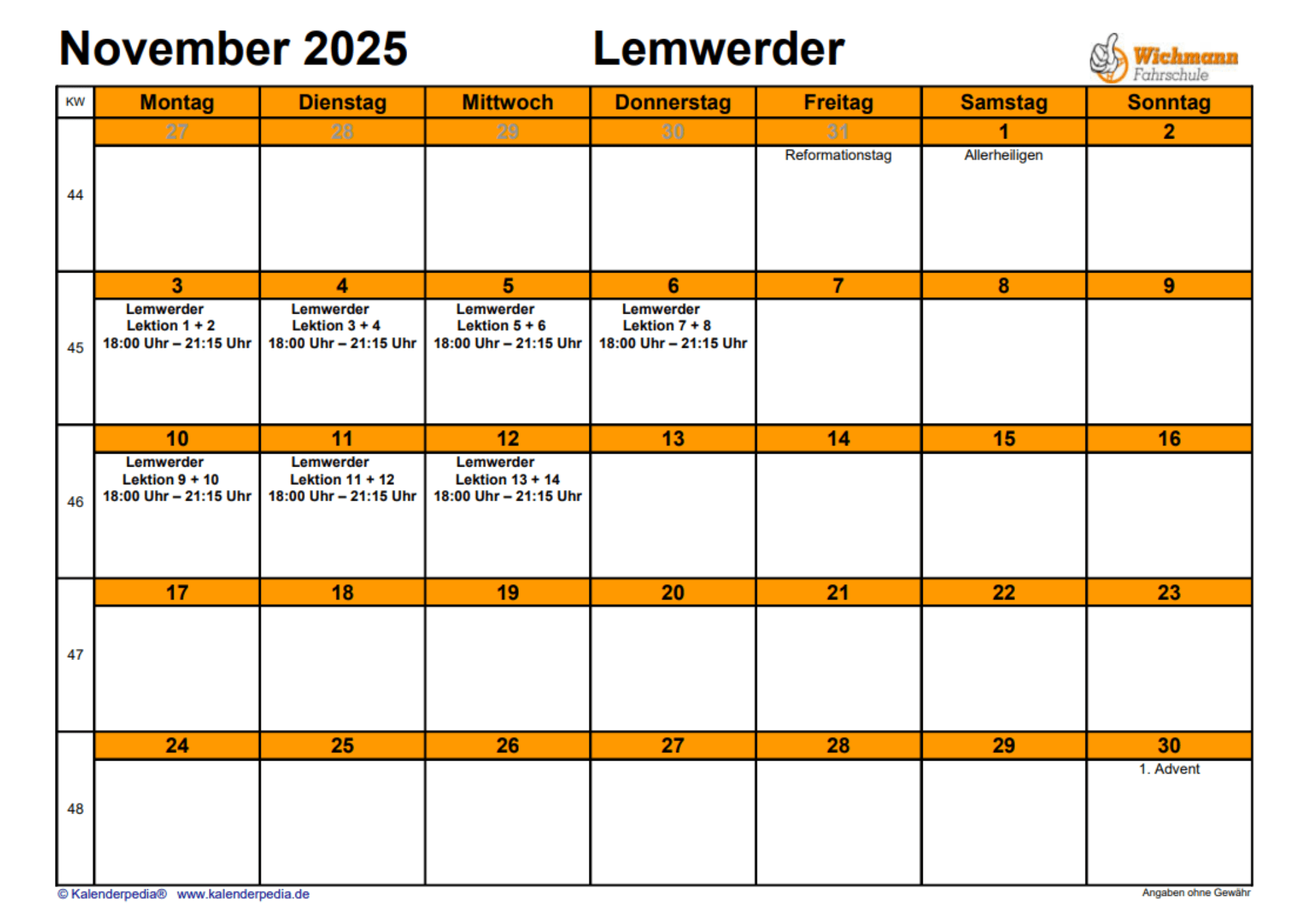 Kalender mit Theorieunterrichtszeiten der Fahrschule Wichmann nahe Rastede im November 2025