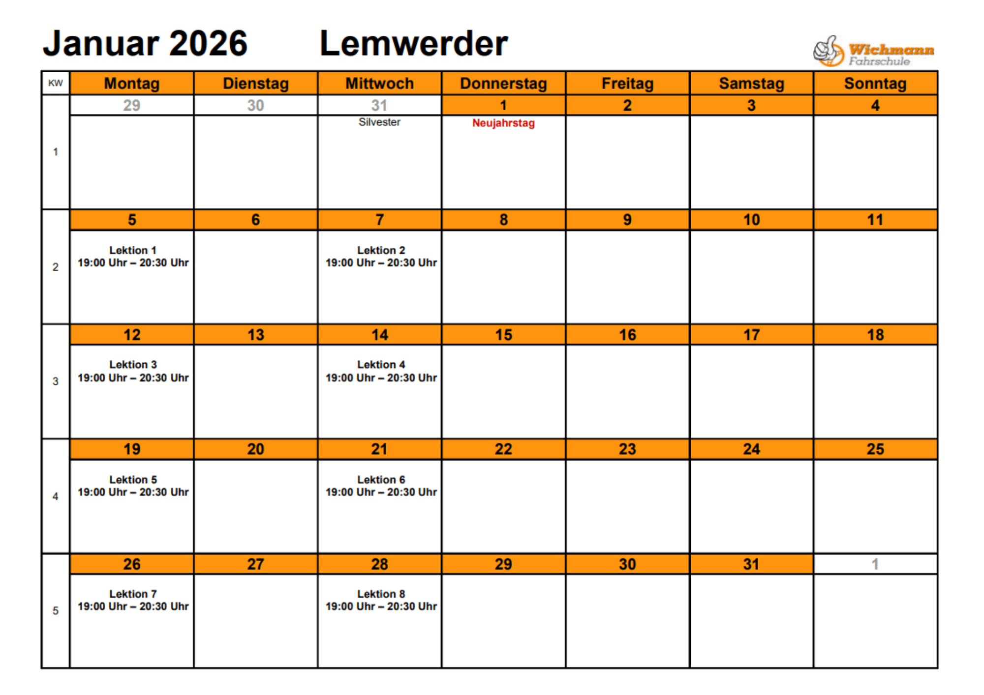 Kalenderübersicht mit Theorieunterricht der Fahrschule Wichmann für Januar 2026 in Rastede