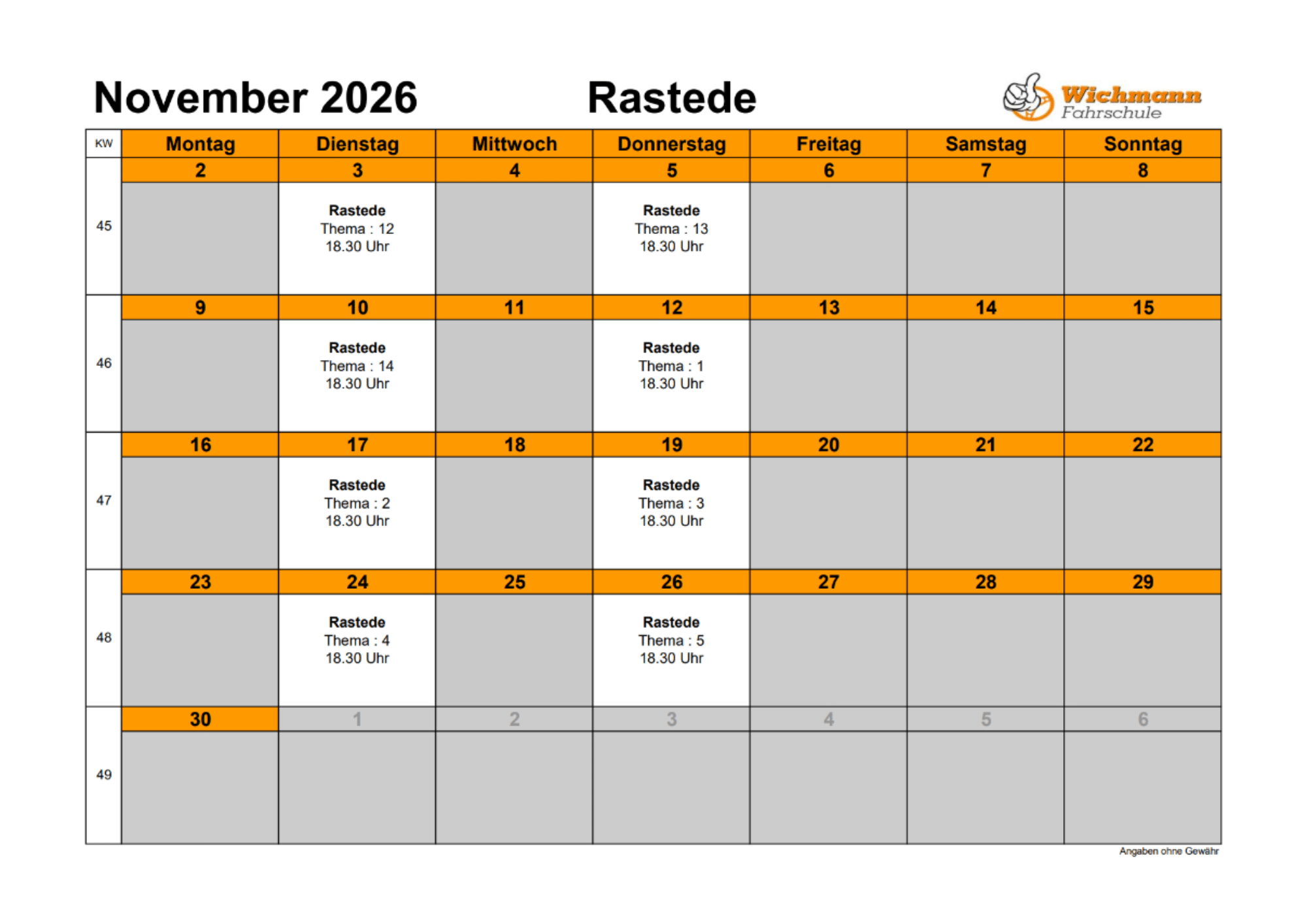 Kalender mit Theorieunterrichtsterminen der Fahrschule Wichmann in Rastede