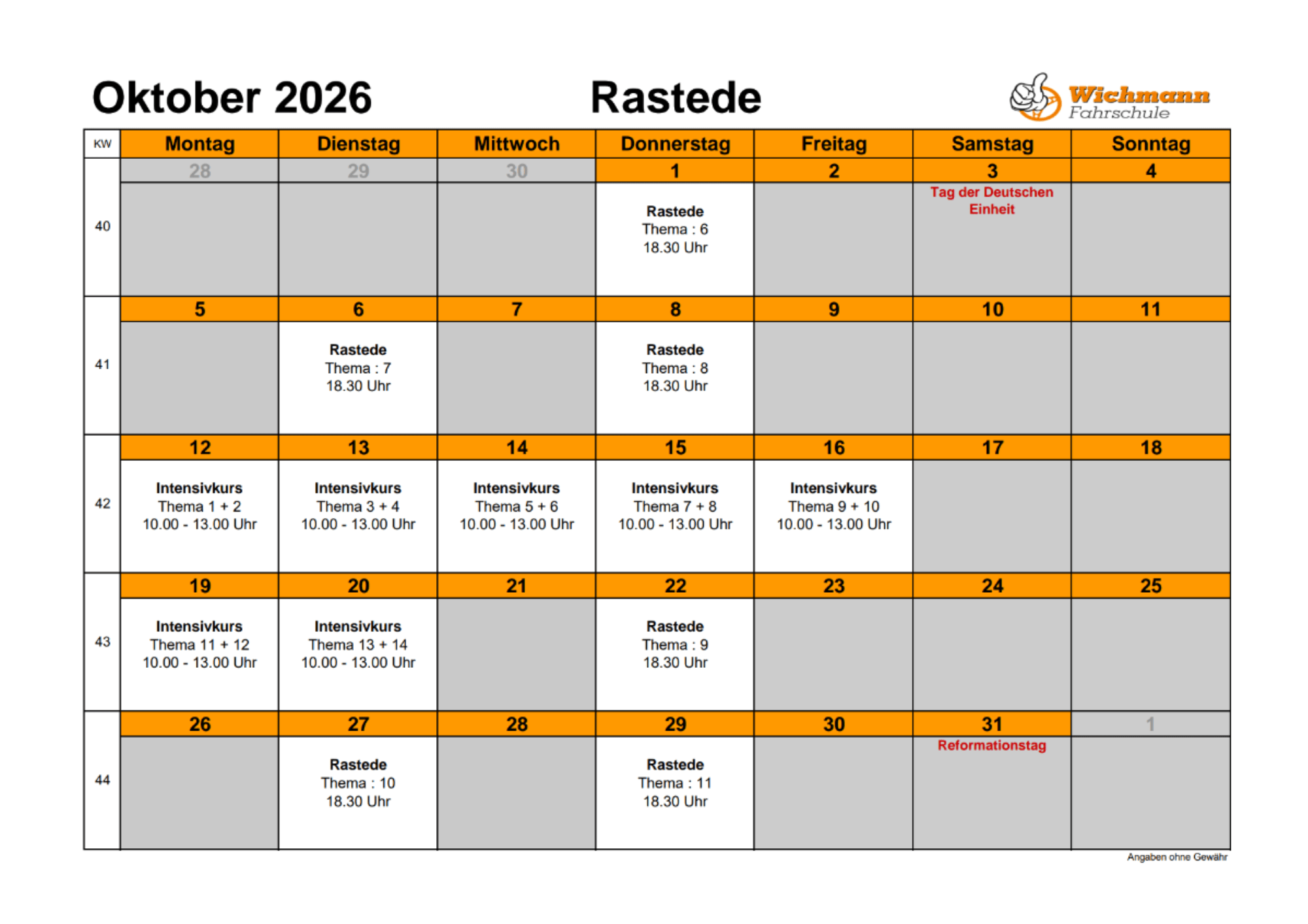 Oktober 2026 Kalender mit Kursen und Feiertagen der Fahrschule Wichmann Rastede