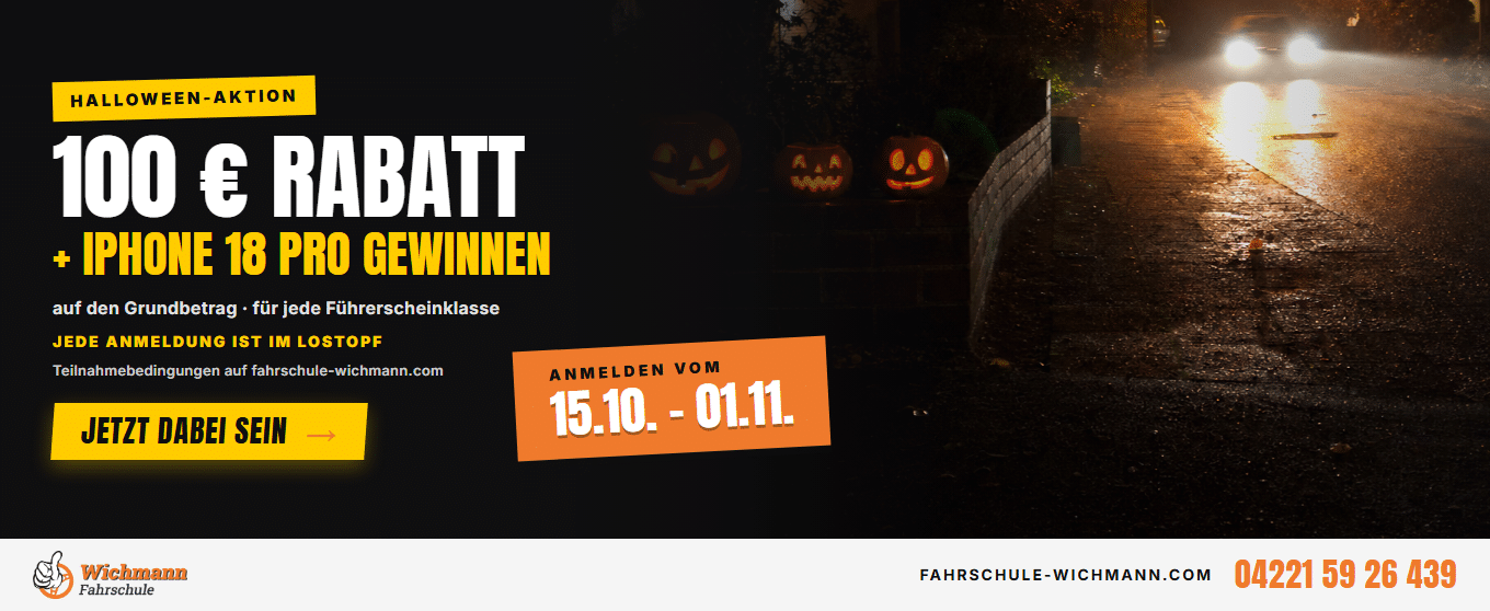 Halloween promotion banner offering 100€ Rabatt and a chance to win an iPhone 18 Pro, with a yellow 'Jetzt dabei sein' button and an orange date badge on the right.